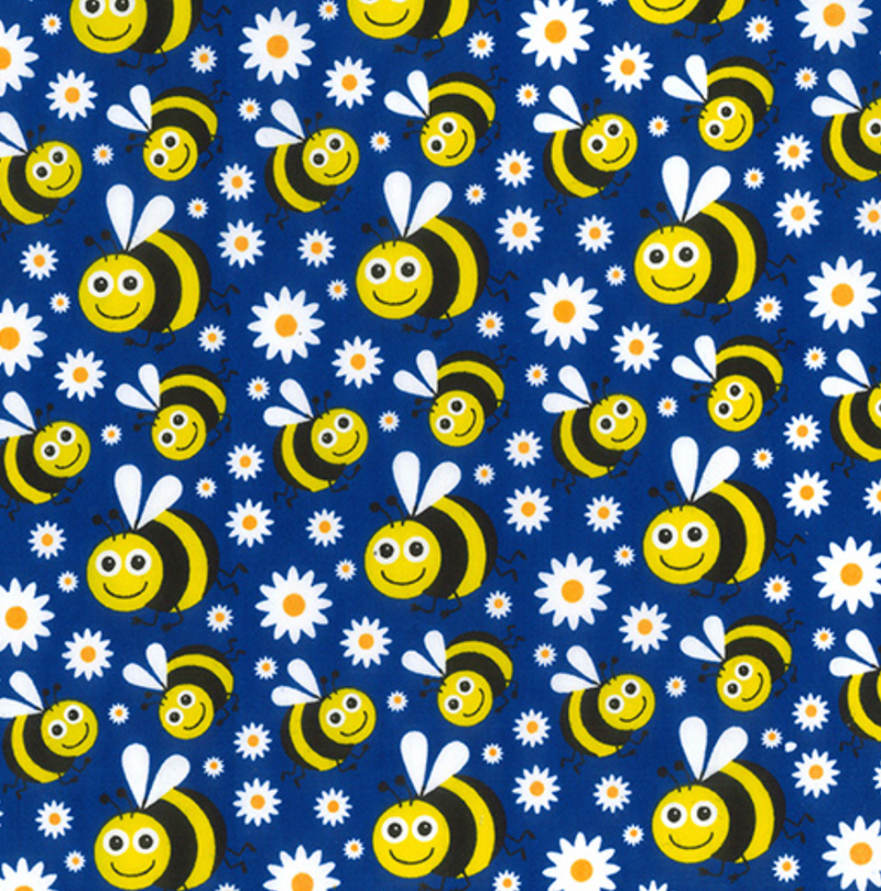 Royal Blue Happy Bees Polycotton Fabric 112cm Wide Per 1/2 Metre