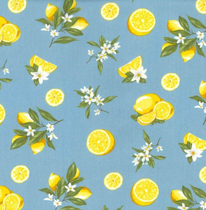 Denim Blue Fancy Lemons Cotton Poplin Fabric 112cm Wide Per 1/2 Metre