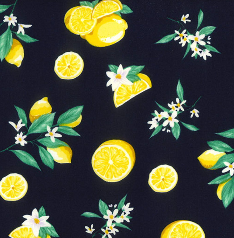 Navy Blue Fancy Lemons Cotton Poplin Fabric 112cm Wide Per 1/2 Metre