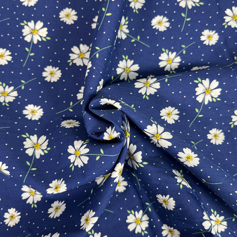 Navy Blue Daisy Dot Poly-Cotton Fabric Per 1/2 Metre 112cm Wide