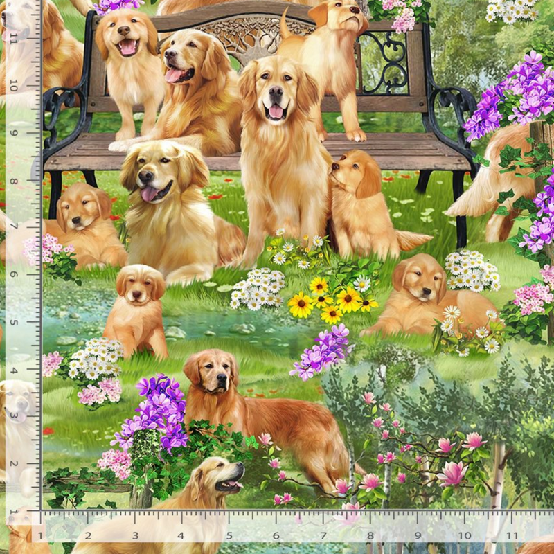 Timeless Treasures Golden Retriever Park 100% Premium Cotton Fabric Sold Per 1/2 Metre