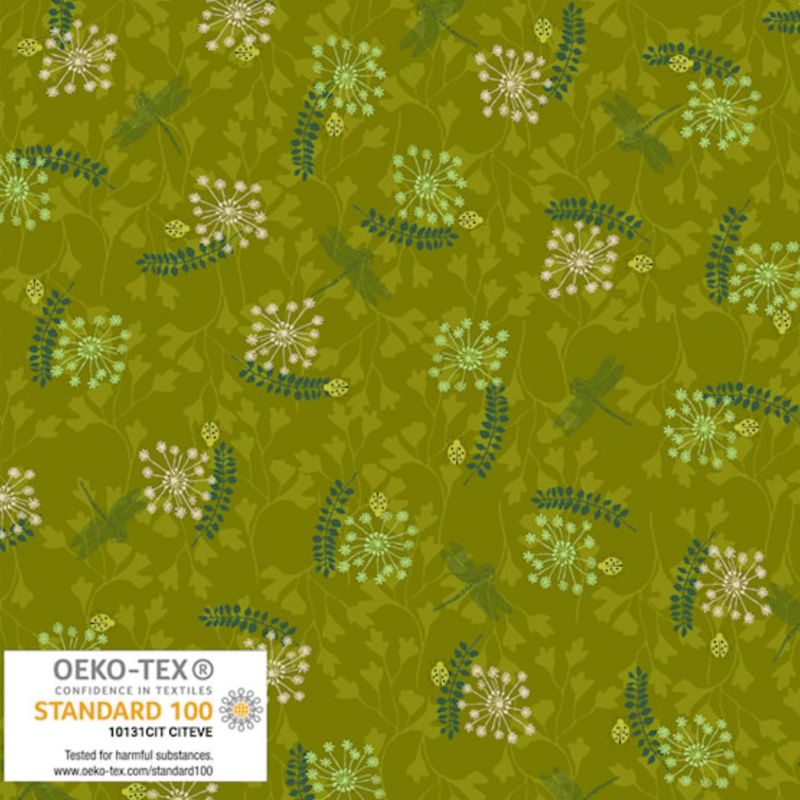 Flowers on my mind, Green Dragonflies 100% Premium Cotton fabric Per 1/2 Metre