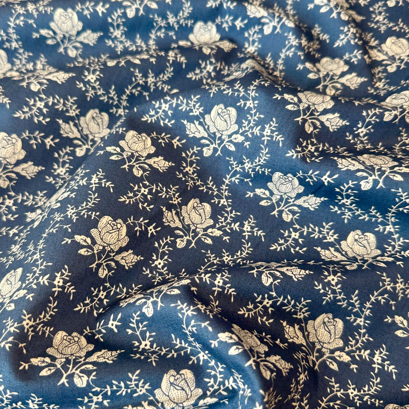 Blue Victorian Roses 100% Cotton Poplin Fabric Sold Per 1/2 Metre