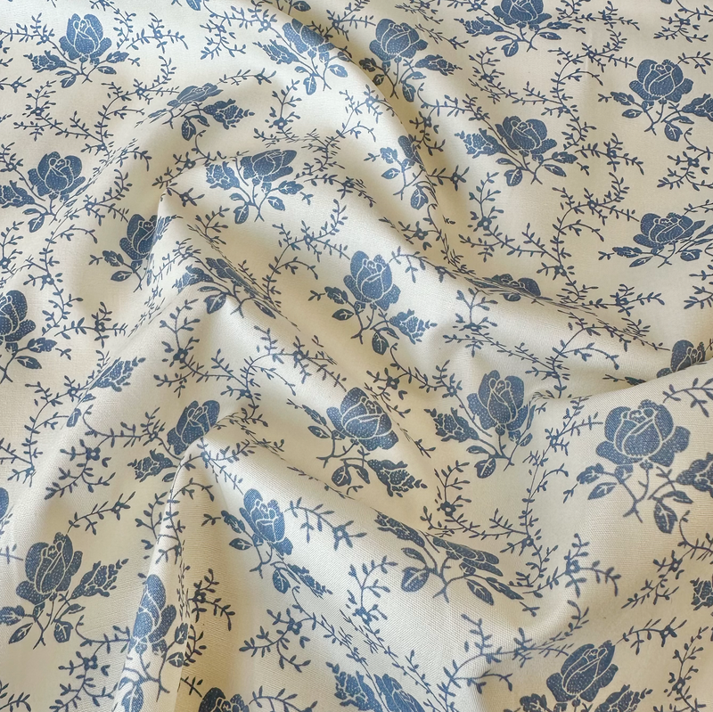 Ivory & Blue Victorian Roses 100% Cotton Poplin Fabric Sold Per 1/2 Metre