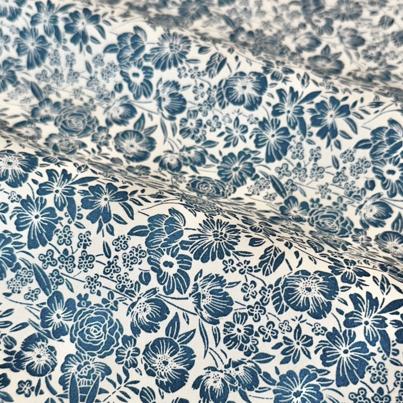 Ivory & Blue Zoe Floral 100% Cotton Poplin Fabric Sold Per 1/2 Metre