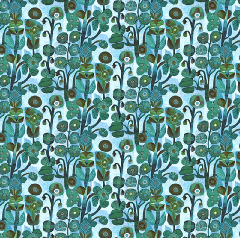 Blue & Green Belle Free Spirit L'Heure Bleue 100% Premium Cotton Fabric Sold Per 1/2 Metre